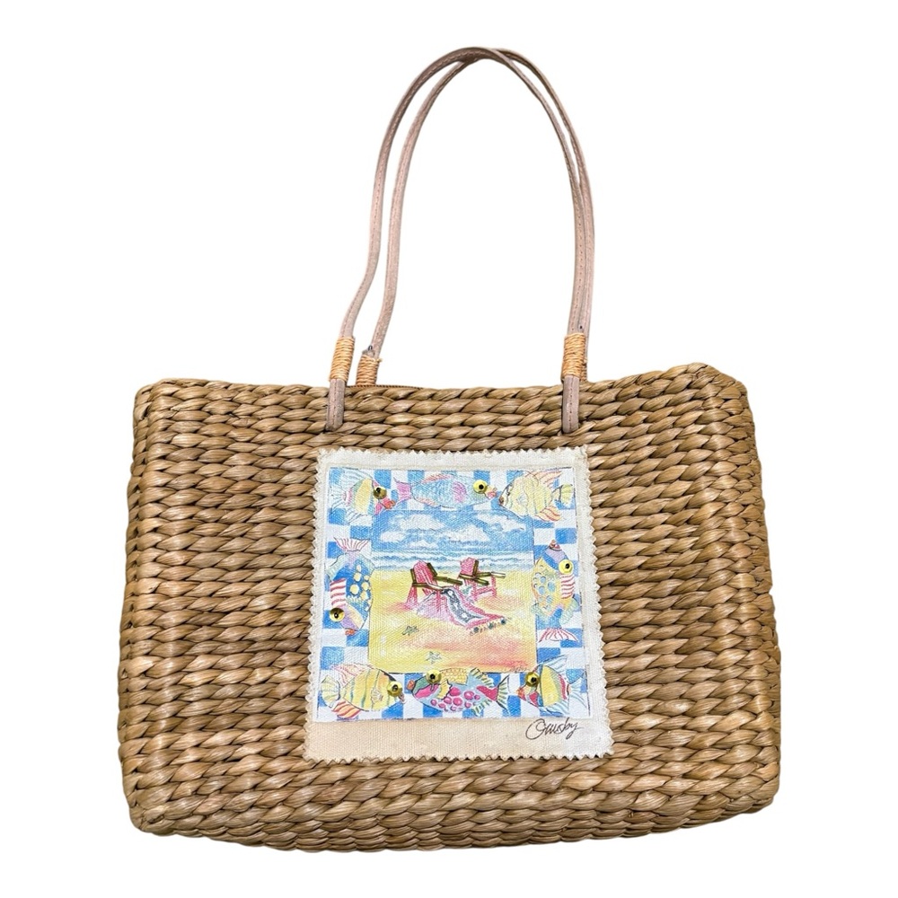 Brown Woven Purse Tote Bag Sun ‘n Sand brand with Fish and Beach Scenery